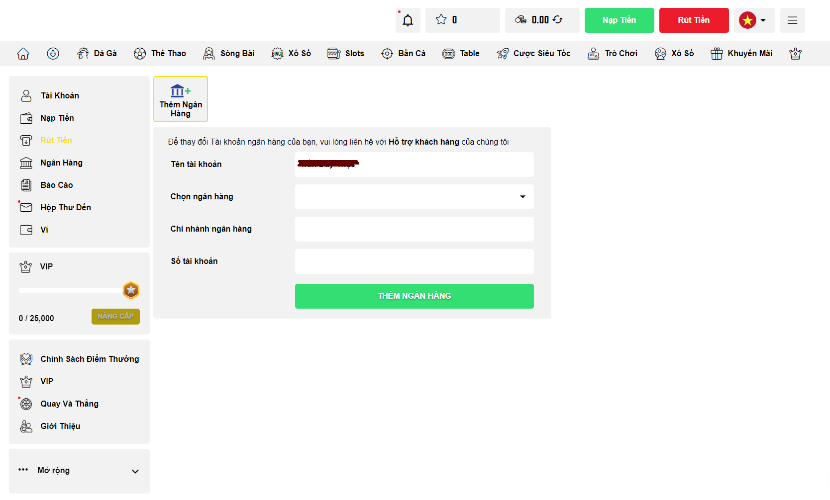 Nhập dữ liệu Visa Bet để rút tiền